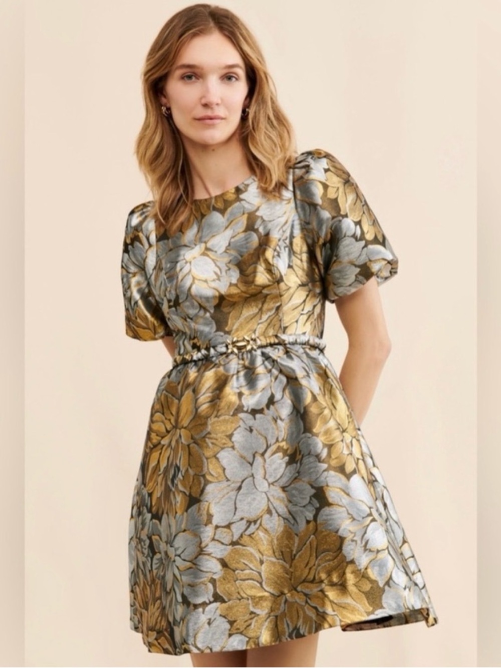 Lilly Pulitzer sz 8 Dress Priyanka Peony Parade Brocade Gold & Silver like new!